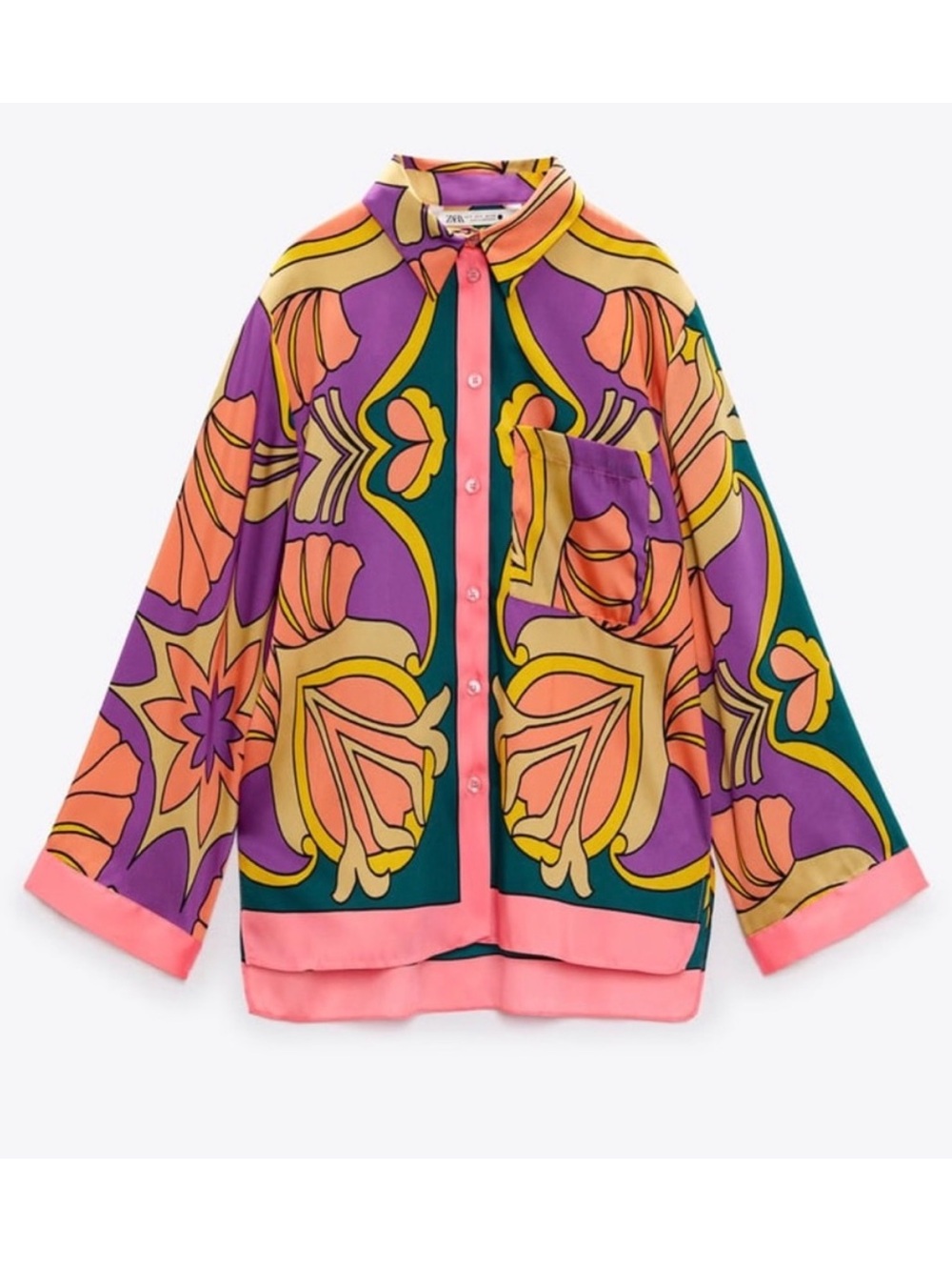Zara NWT satin Vibrant Floral Print Button-Down Shirt in Purple, Orange & Yellow - Picture 4 of 9